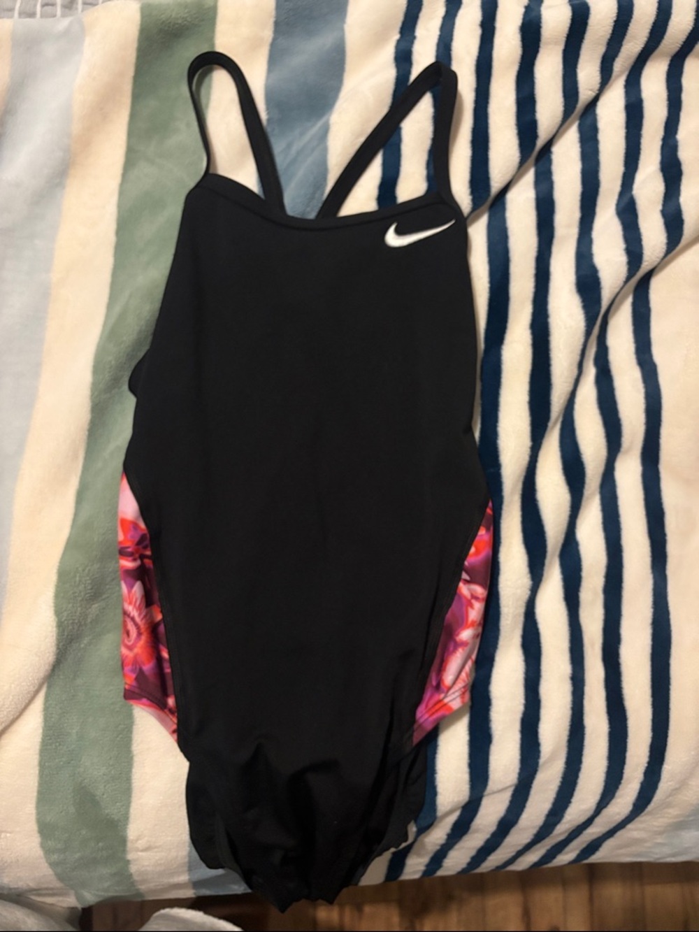 Nike Black One-Piece Swimsuit with Pink Floral Side Panels and White Swoosh